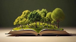 trees popping out of an open book
